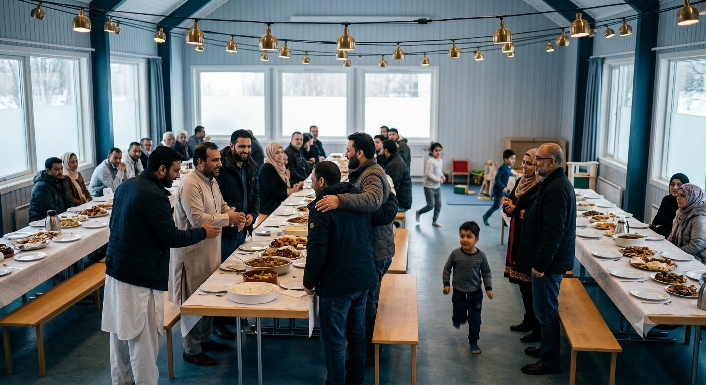 An Eid gathering in a community hall: long tables of shared food, children running between them, and adults of several origins greeting one another under strings of brass lights.