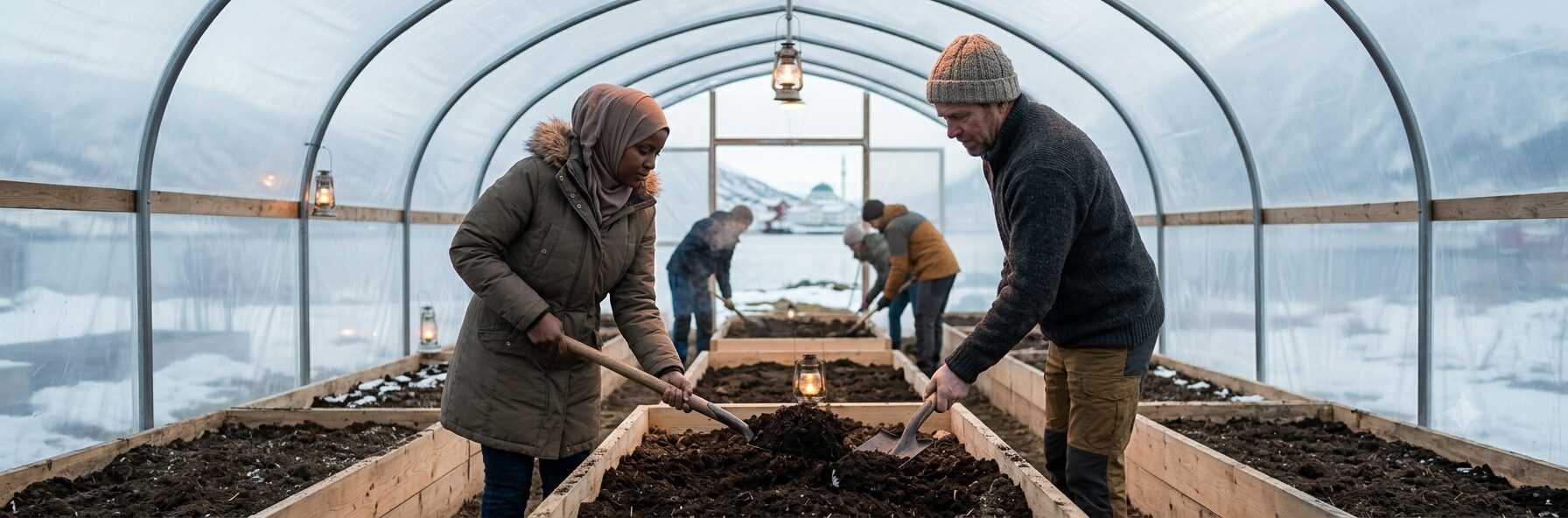 A community greenhouse at dusk: a woman in a hijab and several others tending raised garden beds by lantern light, a fjord town with a mosque minaret visible through the tunnel opening.