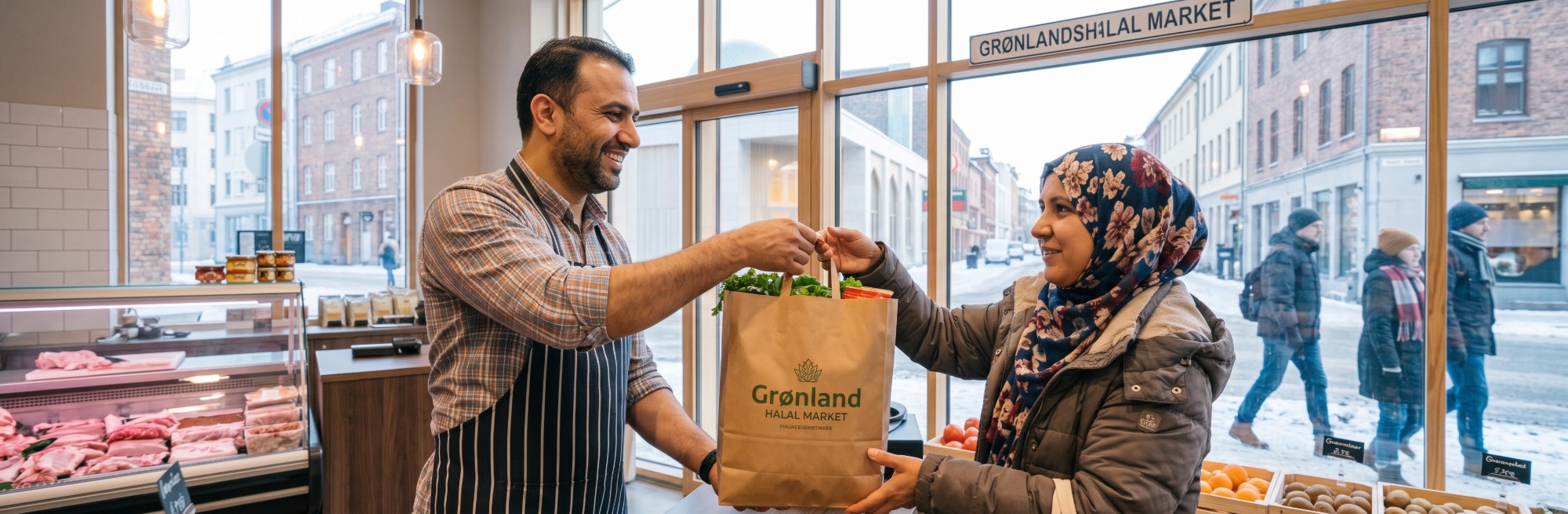 Inside a halal grocery in Norway: shelves of spices and rice, crates of fresh vegetables, a butcher's counter at the back, and a shopkeeper handing a bag across to a customer while two others talk.