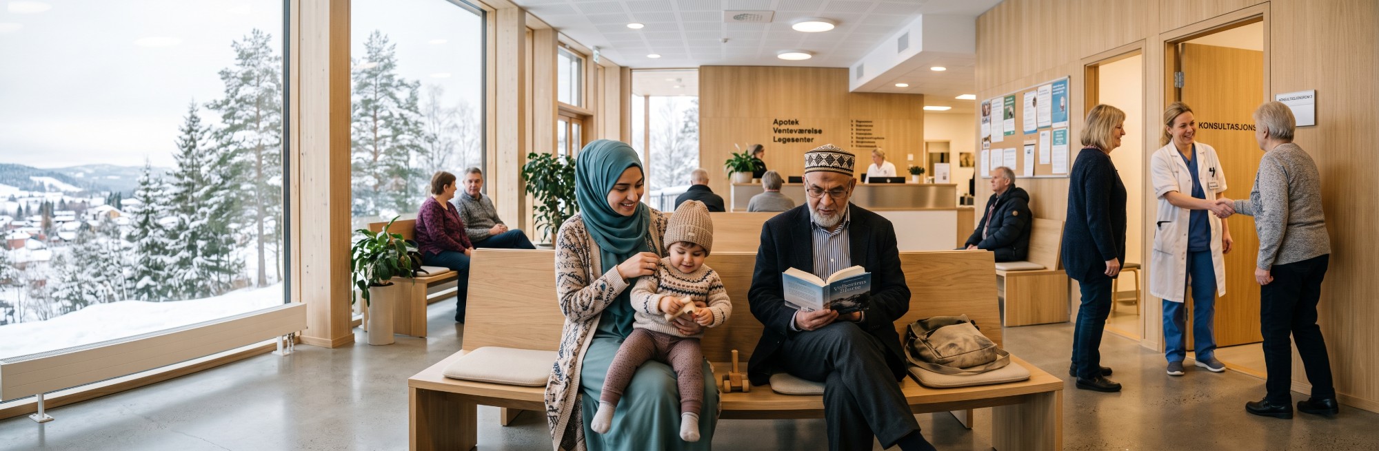 A calm, unhurried GP waiting room: a mother with a toddler, an older man, and a young woman in a hijab looking at her phone, while through a doorway a doctor greets a patient.