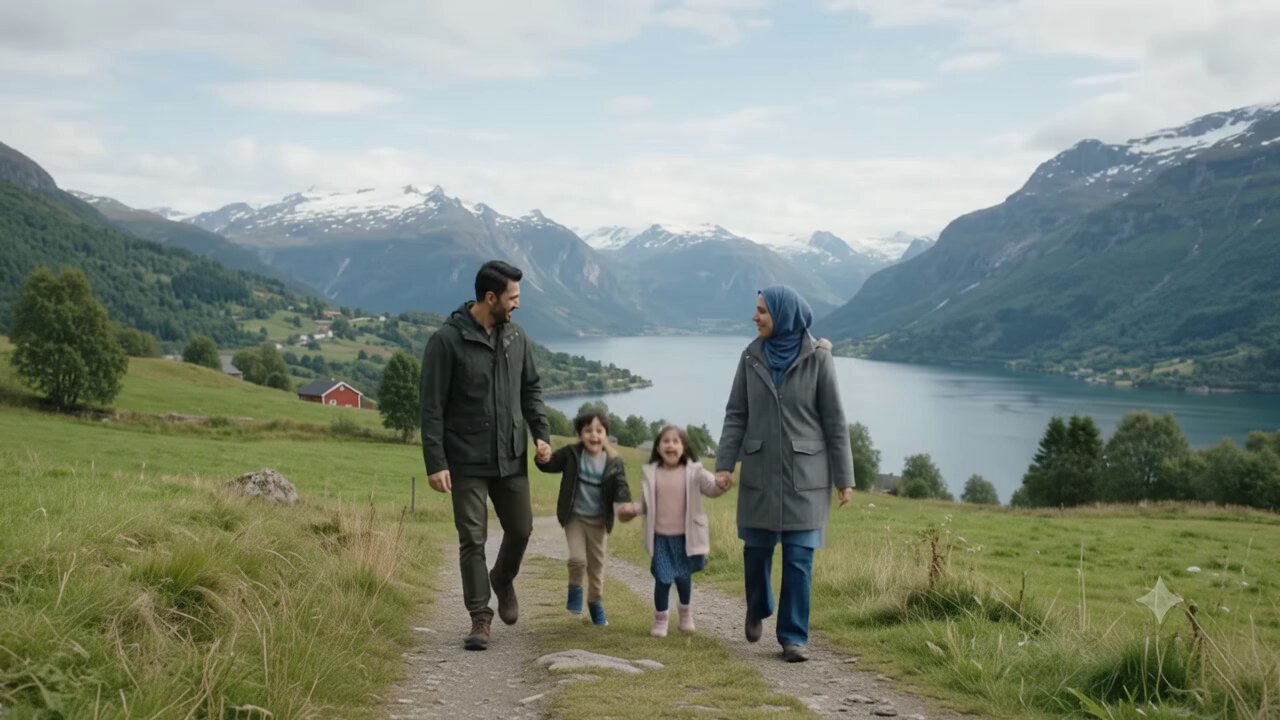 A family walking a trail above a Norwegian fjord, mountains and a small village visible across the water.