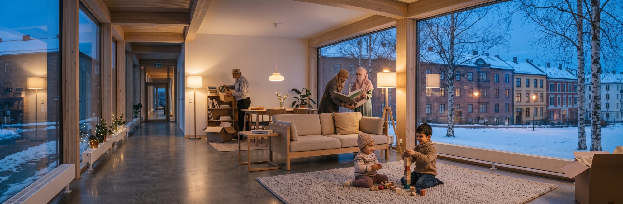 A Norwegian apartment block on a winter evening, each lit window showing a small scene of home life — cooking, a child at a desk, a person praying, a family eating, someone watering plants — with snow on the balconies and a bike rack below.