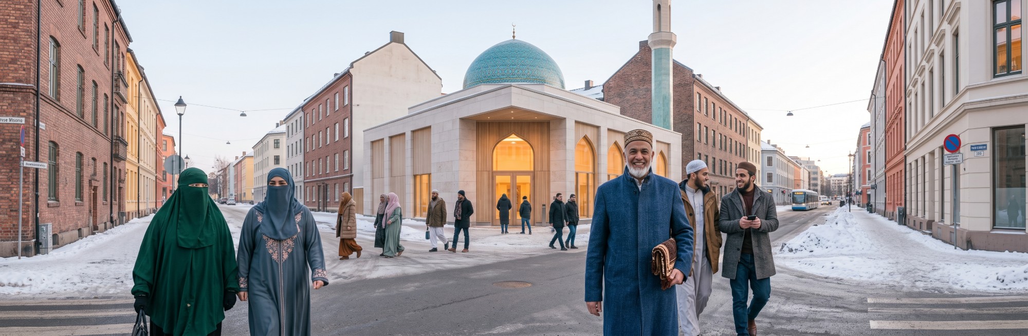A mosque with a teal dome and a slender minaret standing among ordinary Norwegian apartment buildings under a pale winter sky, with people arriving on foot.
