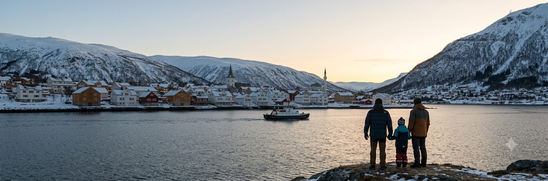 A fjord town at dusk, warm amber light low on the horizon, a small ferry crossing, a church spire and a mosque minaret both visible among the rooftops, and a family of three standing on a headland looking out.