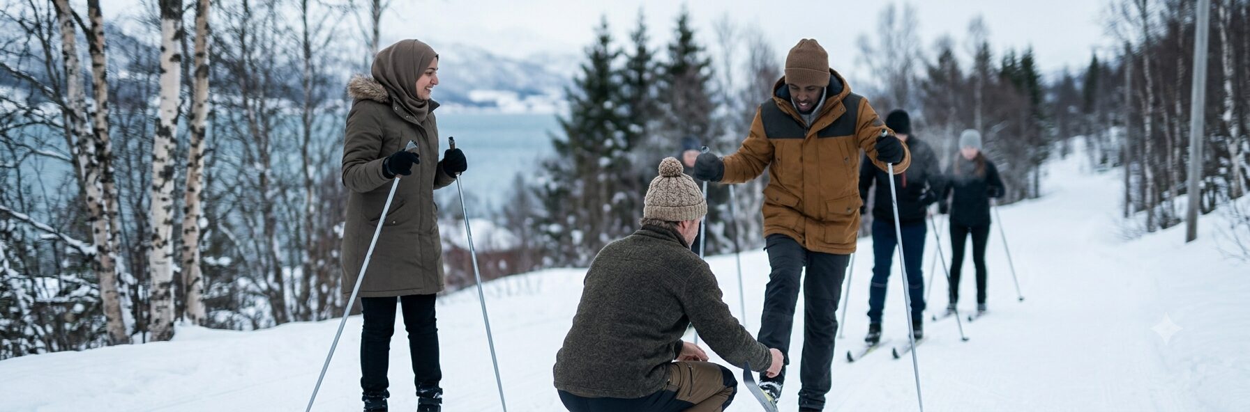A Norwegian man kneeling to help a woman in a hijab adjust her cross-country skis, in a birch forest above a fjord, with more skiers on the trail behind them.
