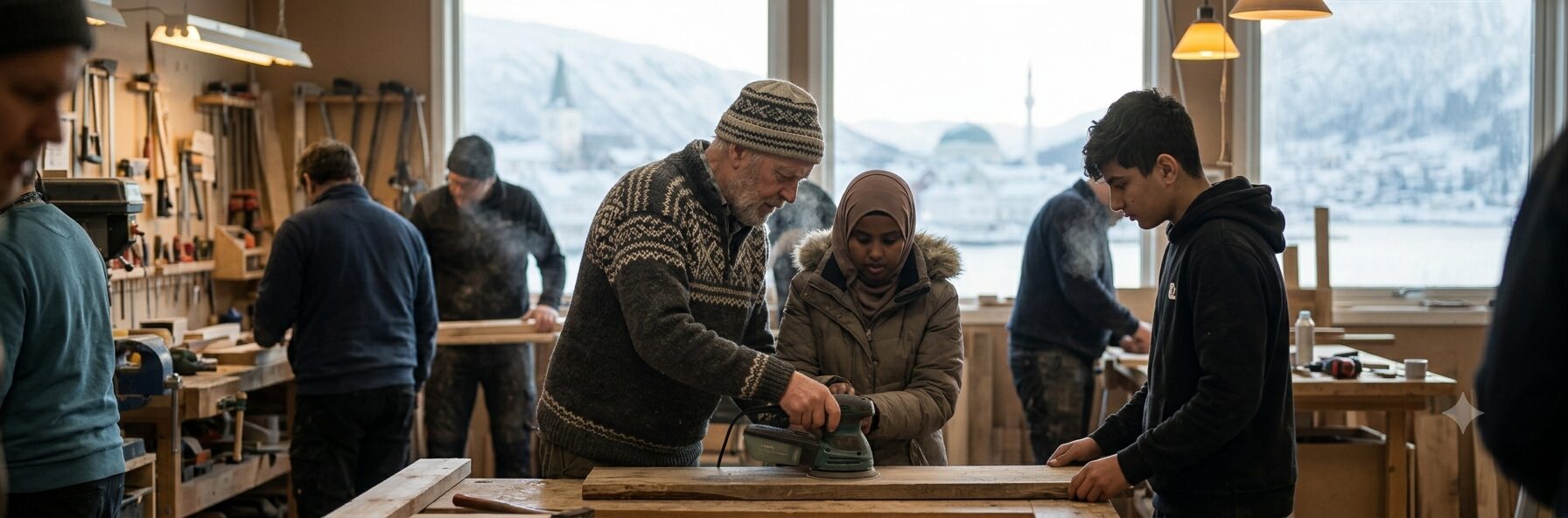 A carpentry workshop: an older Norwegian craftsman guiding a young woman in a hijab and a teenage boy through sanding a plank of wood, other students working at benches around them, a fjord town with a mosque and church visible through the window.